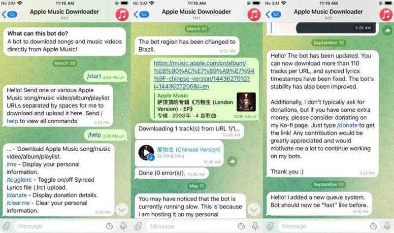 Apple Music Telegram bot download process