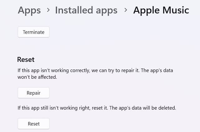 Repair the Apple Music App on Windows