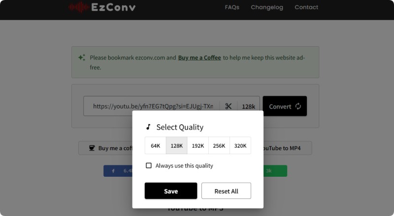 Set 320 kbps of YouTube with EzMP3 - EzConv