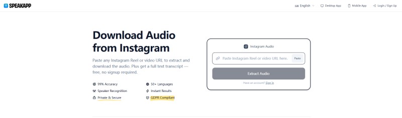 SpeakApp AI instagram audio downloader