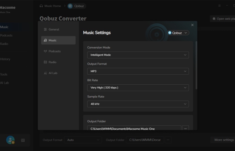 set mp3 for Qobuz