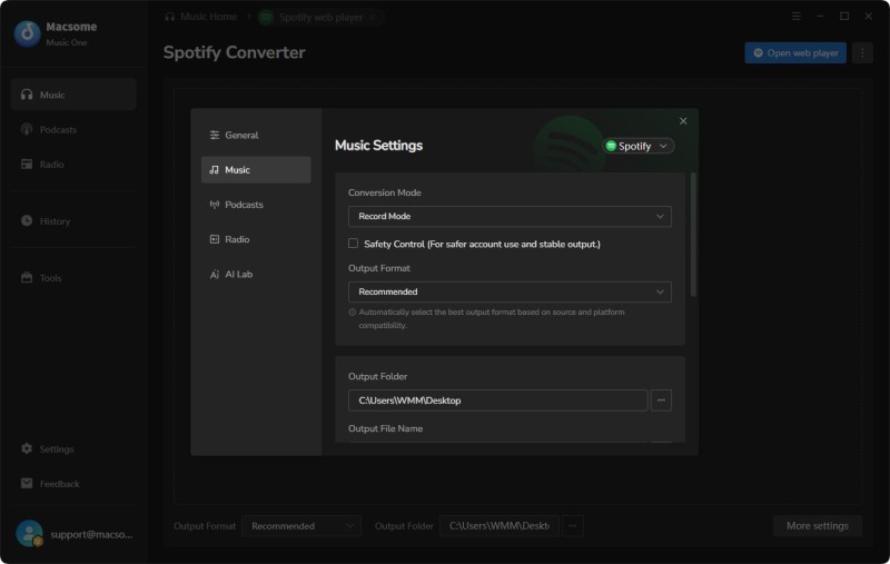 Choose output format and audio settings in Macsome Music One