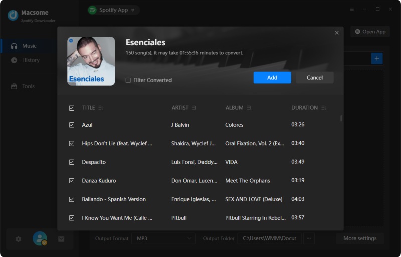 add Spotify songs to Macsome Spotify Downloader