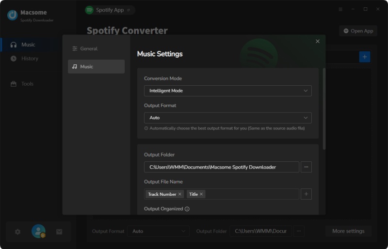 Settings output parameters