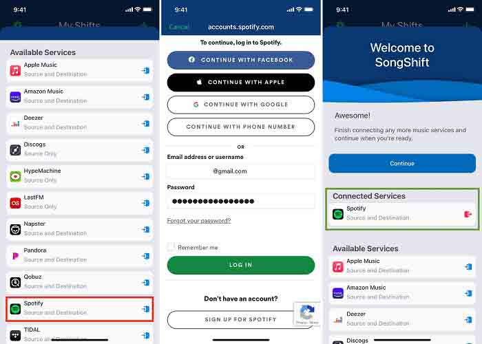 Connect Spotify account with SongShift