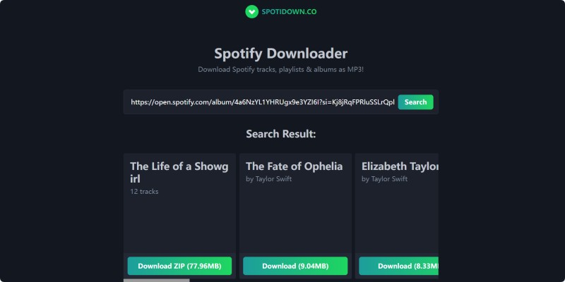 Spotidown Spotify Album to MP3 ZIP Downloader