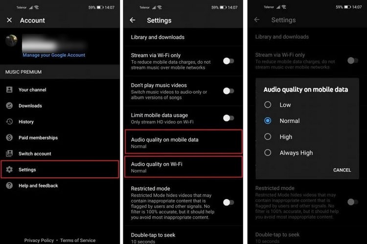 change YouTube Music quality settings mobile