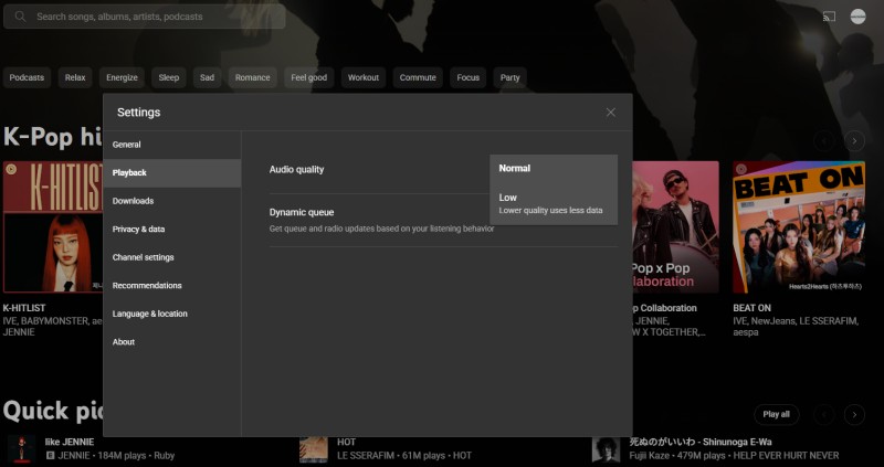 change YouTube Music quality settings pc